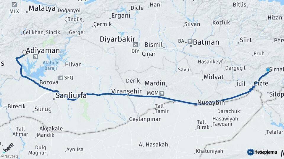 Şırnak Adıyaman Arası Kaç Km - Yol Haritası