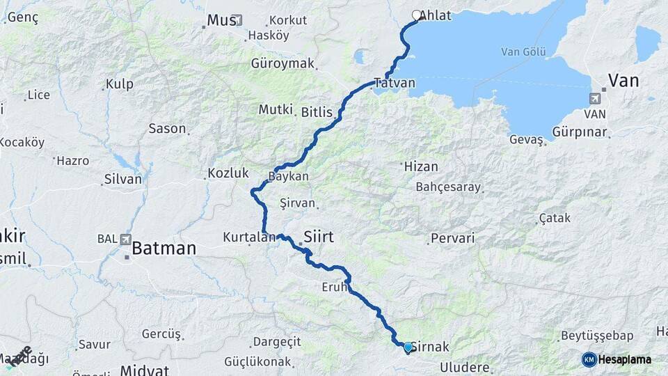 Şırnak Ahlat Bitlis Arası Kaç Km - Yol Haritası