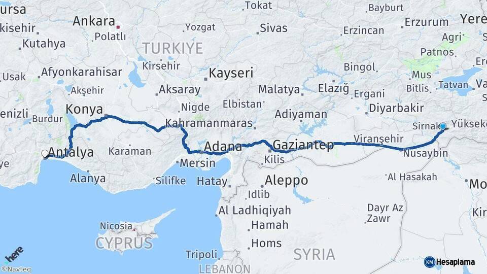 Şırnak Antalya Arası Kaç Km - Yol Haritası