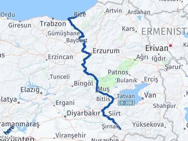 Şırnak Ardeşen Rize Arası Kaç Km - Yol Haritası