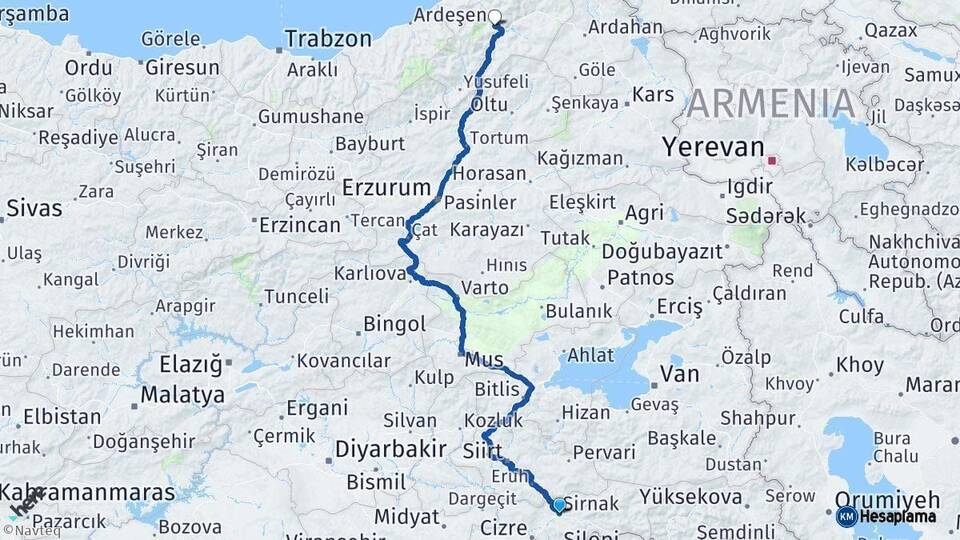 Şırnak Artvin Arası Kaç Km - Yol Haritası