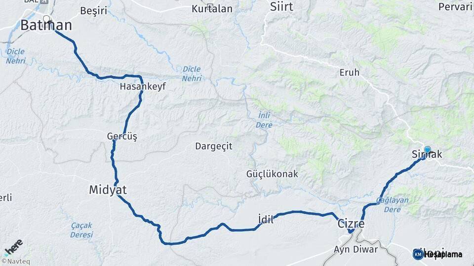 Şırnak Batman Arası Kaç Km - Yol Haritası