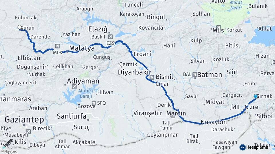Şırnak Batman Havalimanı Arası Kaç Km - Yol Haritası