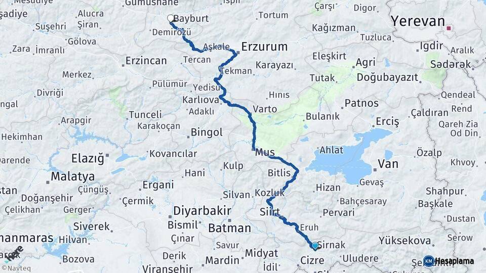 Şırnak Bayburt Arası Kaç Km - Yol Haritası