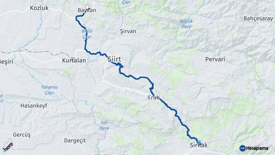 Şırnak Baykan Siirt Arası Kaç Km - Yol Haritası