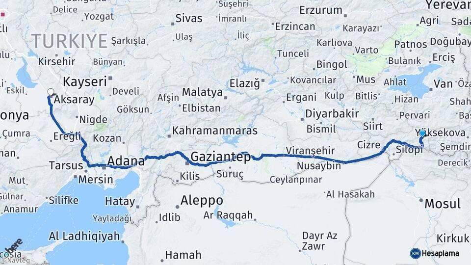 Şırnak Beytüşşebap Aksaray Arası Kaç Km - Yol Haritası