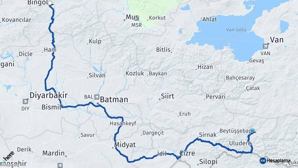 Şırnak Beytüşşebap Bingöl Arası Kaç Km - Yol Haritası