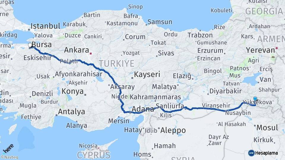 Şırnak Beytüşşebap Bursa Arası Kaç Km - Yol Haritası