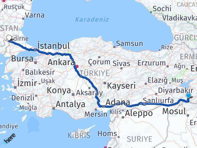Şırnak Beytüşşebap Edirne Arası Kaç Km - Yol Haritası