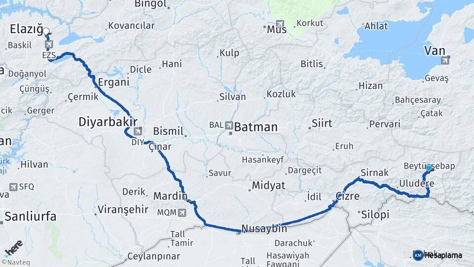 Şırnak Beytüşşebap Elazığ Arası Kaç Km - Yol Haritası