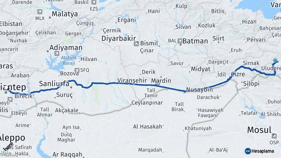 Şırnak Beytüşşebap Gaziantep Arası Kaç Km - Yol Haritası