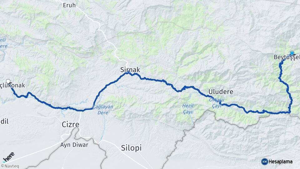 Şırnak Beytüşşebap Güçlükonak Arası Kaç Km - Yol Haritası