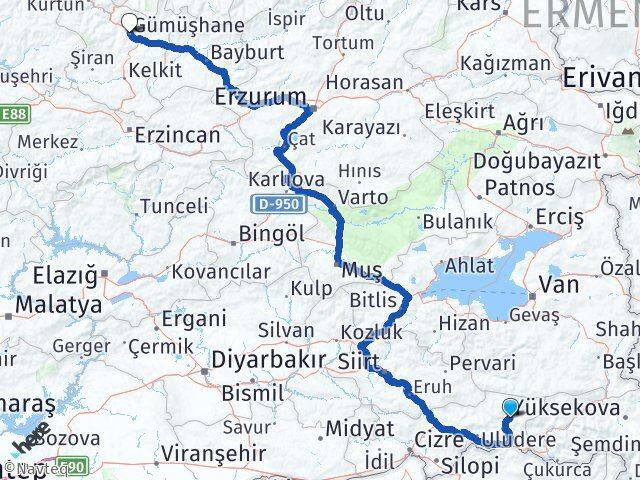 Şırnak Beytüşşebap Gümüşhane Arası Kaç Km - Yol Haritası