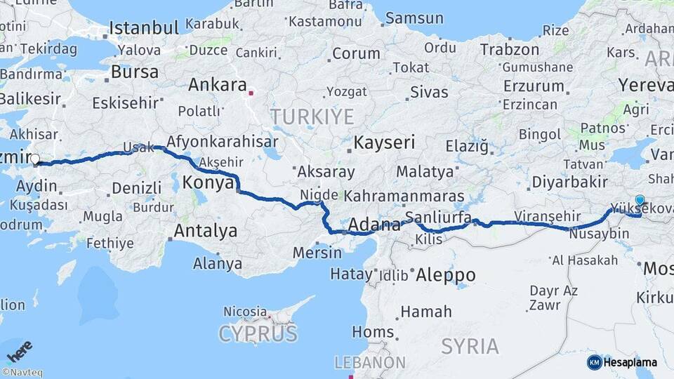 Şırnak Beytüşşebap İzmir Arası Kaç Km - Yol Haritası