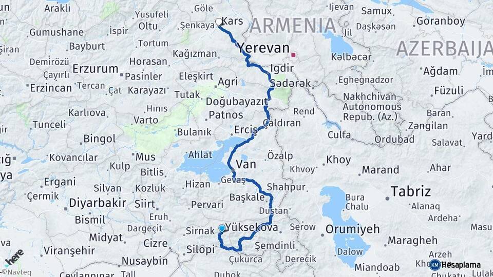 Şırnak Beytüşşebap Kars Arası Kaç Km - Yol Haritası