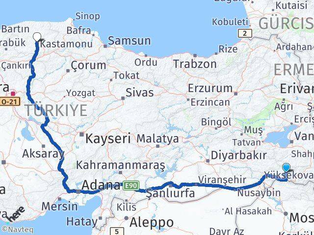 Şırnak Beytüşşebap Kastamonu Arası Kaç Km - Yol Haritası