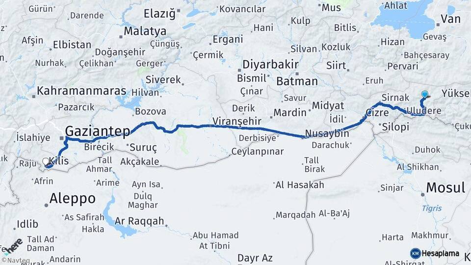 Şırnak Beytüşşebap Kilis Arası Kaç Km - Yol Haritası