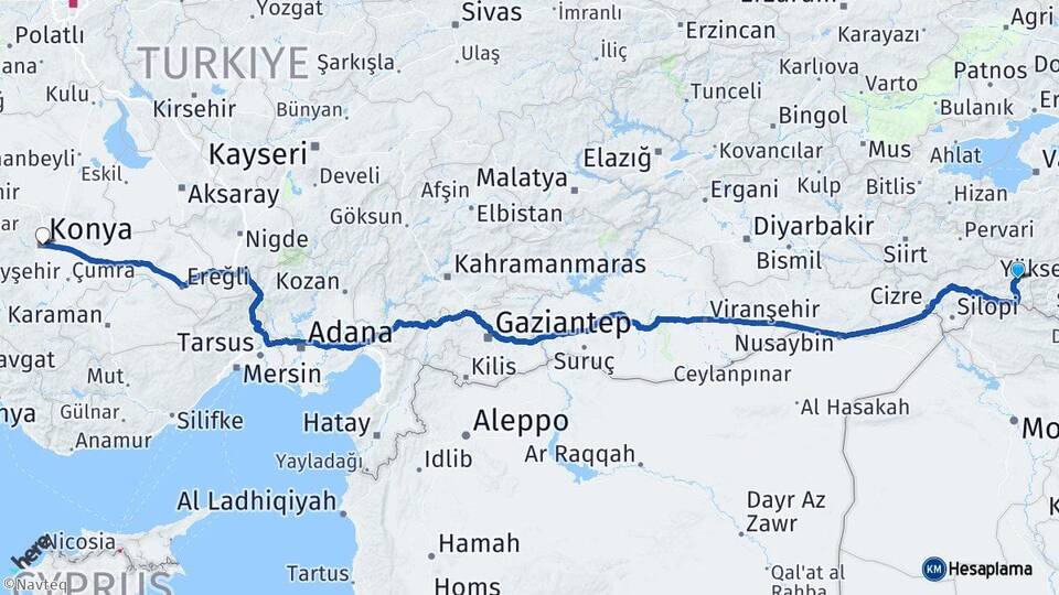 Şırnak Beytüşşebap Konya Arası Kaç Km - Yol Haritası
