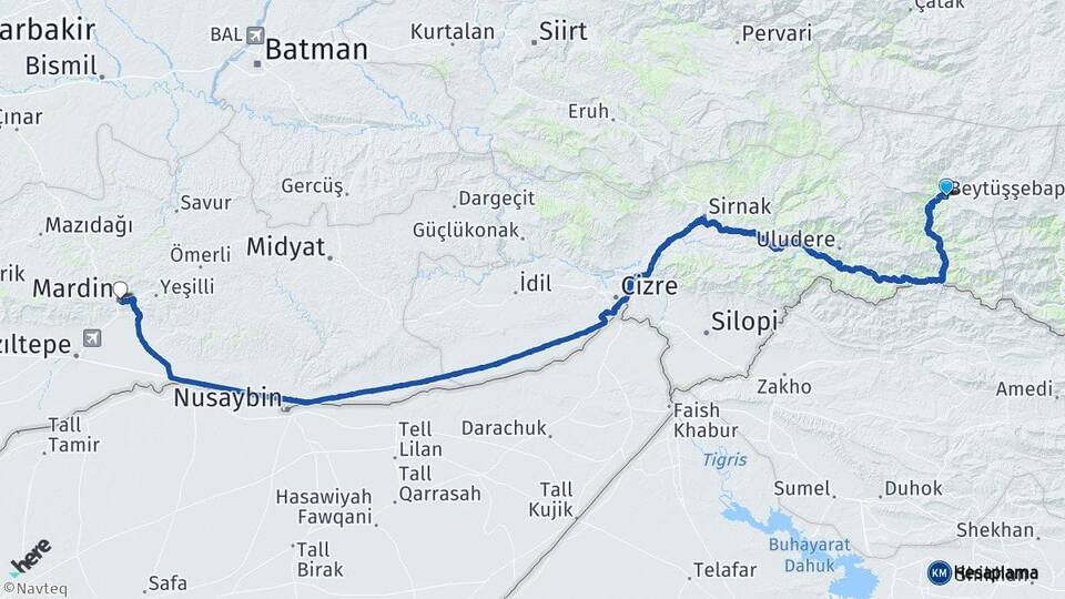Şırnak Beytüşşebap Mardin Arası Kaç Km - Yol Haritası