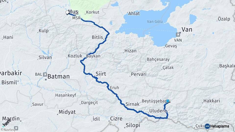 Şırnak Beytüşşebap Muş Arası Kaç Km - Yol Haritası