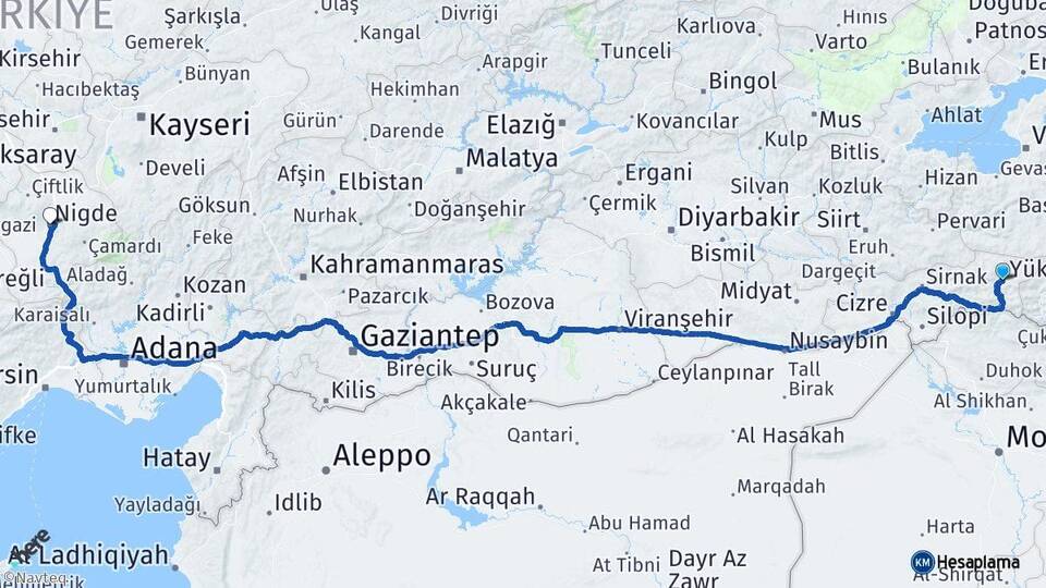 Şırnak Beytüşşebap Niğde Arası Kaç Km - Yol Haritası