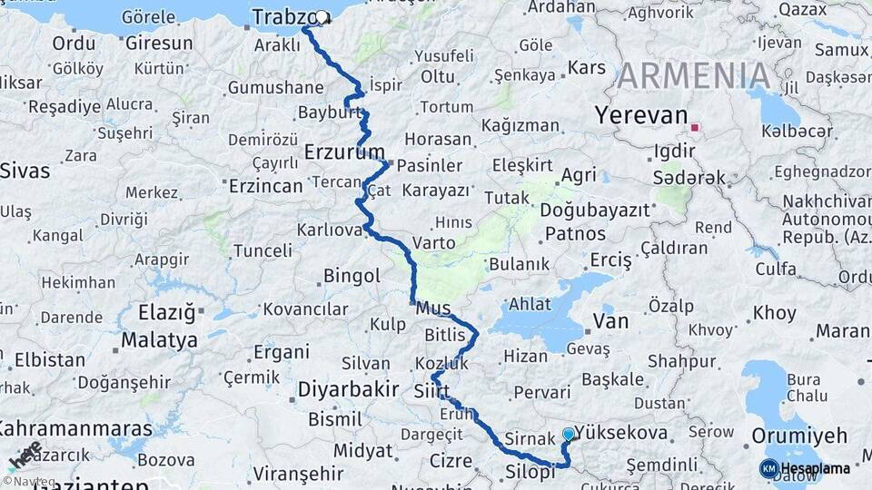 Şırnak Beytüşşebap Rize Arası Kaç Km - Yol Haritası