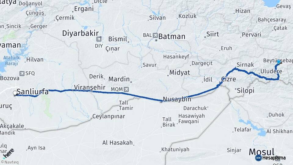 Şırnak Beytüşşebap Şanlıurfa Arası Kaç Km - Yol Haritası