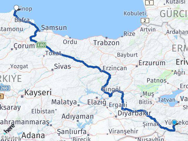 Şırnak Beytüşşebap Sinop Arası Kaç Km - Yol Haritası