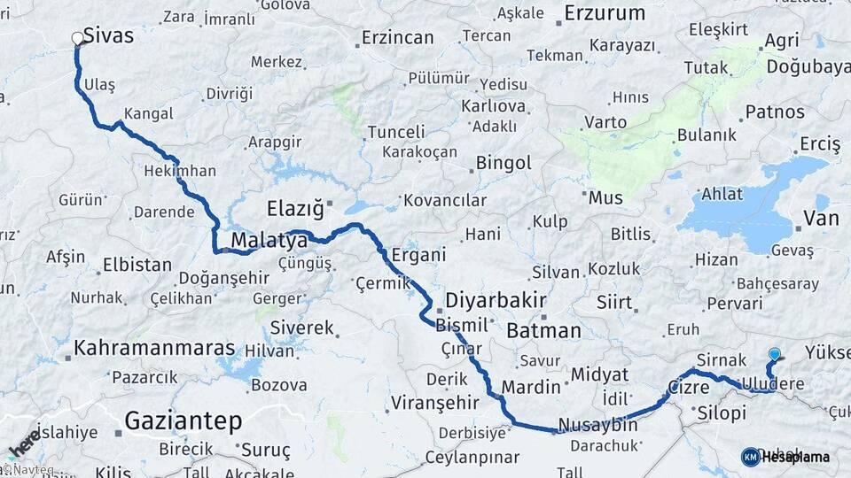 Şırnak Beytüşşebap Sivas Arası Kaç Km - Yol Haritası