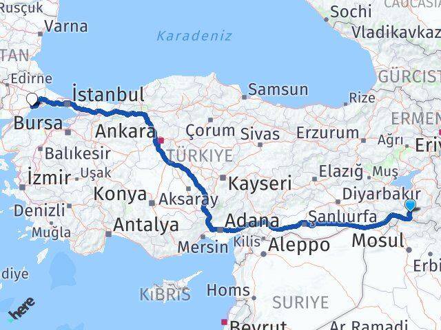 Şırnak Beytüşşebap Tekirdağ Arası Kaç Km - Yol Haritası
