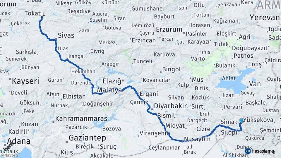 Şırnak Beytüşşebap Tokat Arası Kaç Km - Yol Haritası