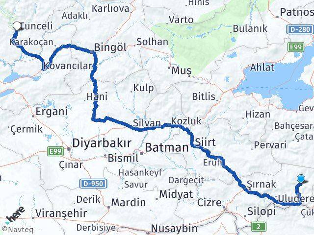 Şırnak Beytüşşebap Tunceli Arası Kaç Km - Yol Haritası