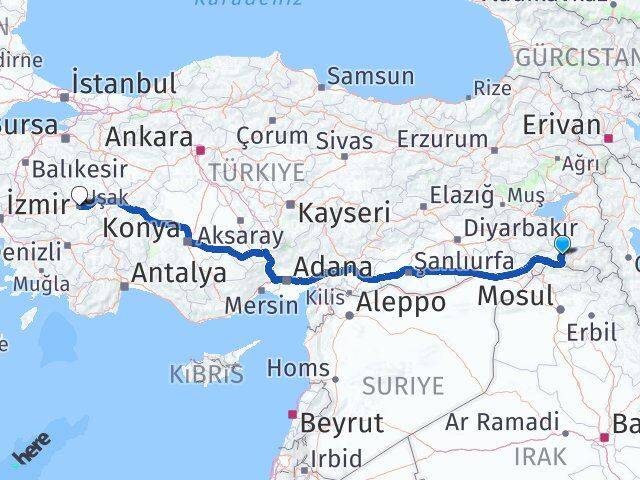 Şırnak Beytüşşebap Uşak Arası Kaç Km - Yol Haritası