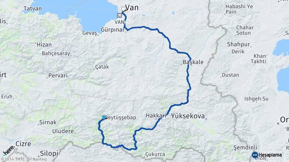 Şırnak Beytüşşebap Van Arası Kaç Km - Yol Haritası