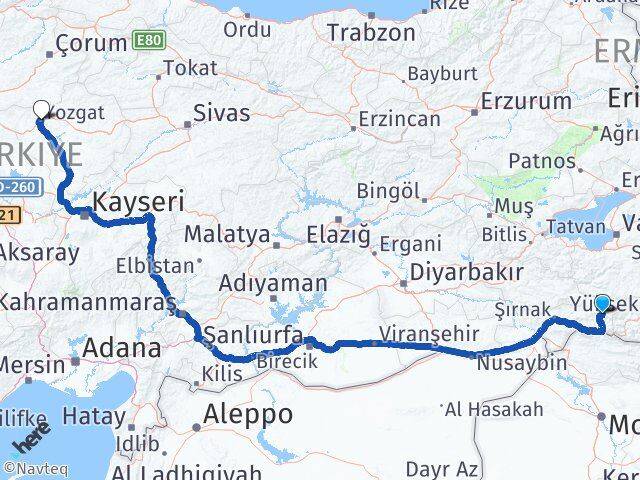 Şırnak Beytüşşebap Yozgat Arası Kaç Km - Yol Haritası