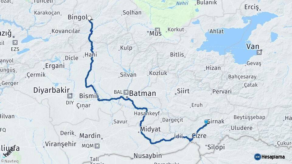 Şırnak Bingöl Arası Kaç Km - Yol Haritası