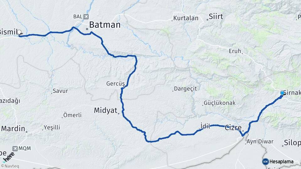 Şırnak Bismil Diyarbakır Arası Kaç Km - Yol Haritası