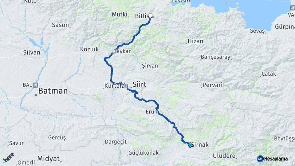 Şırnak Bitlis Arası Kaç Km - Yol Haritası