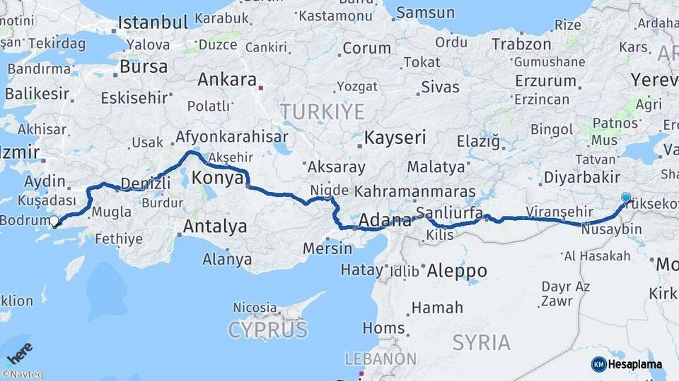 Şırnak Bodrum Muğla Arası Kaç Km - Yol Haritası