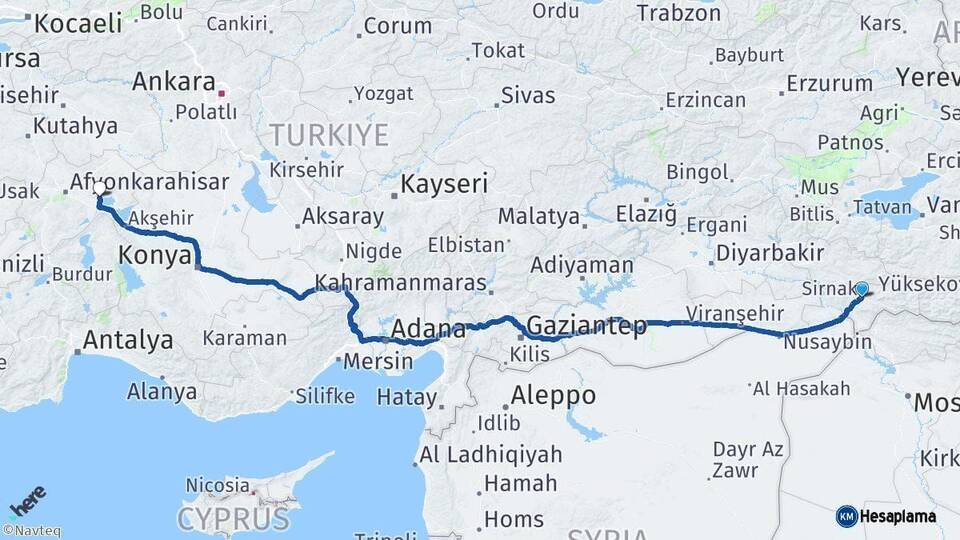 Şırnak Bolvadin Afyonkarahisar Arası Kaç Km - Yol Haritası