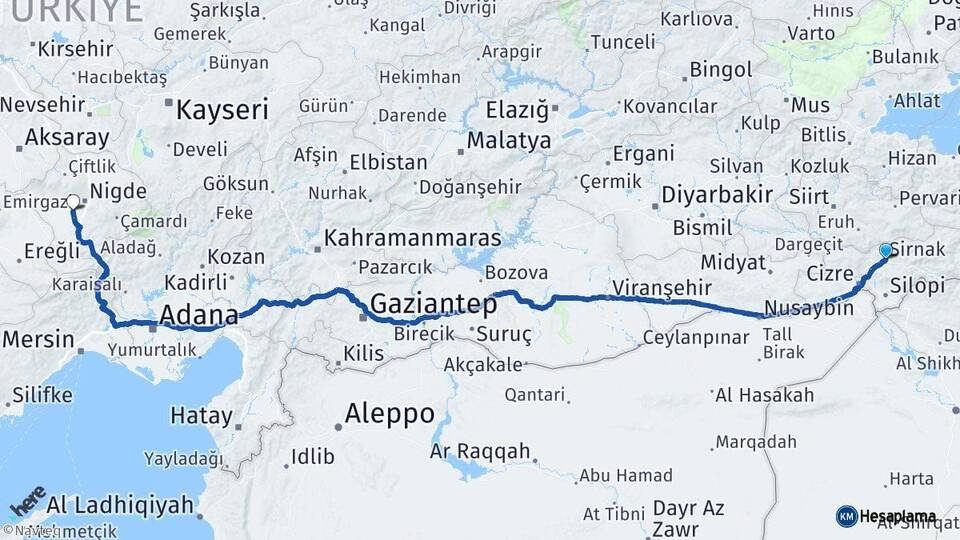 Şırnak Bor Niğde Arası Kaç Km - Yol Haritası