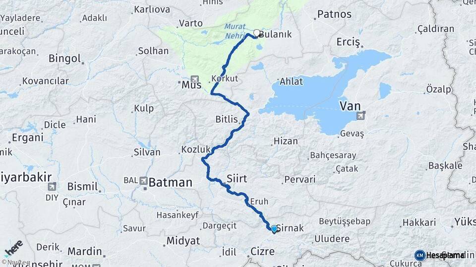 Şırnak Bulanık Muş Arası Kaç Km - Yol Haritası