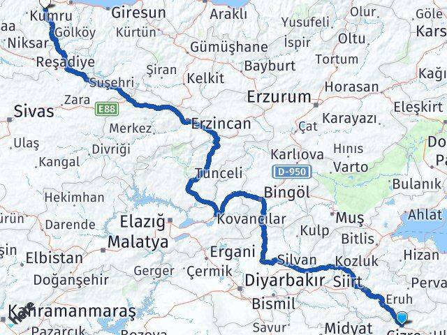 Şırnak Çamaş Ordu Arası Kaç Km - Yol Haritası