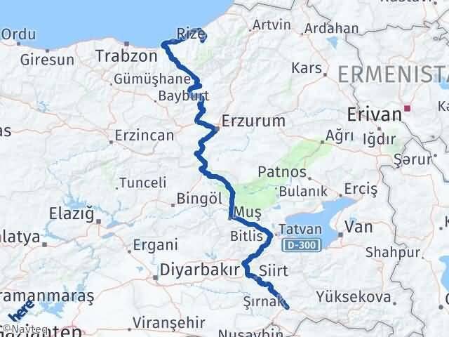 Şırnak Çamlıhemşin Rize Arası Kaç Km - Yol Haritası