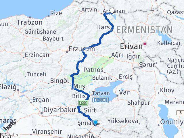Şırnak Çıldır Ardahan Arası Kaç Km - Yol Haritası
