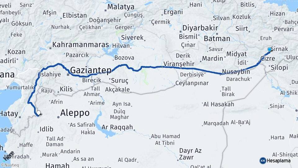 Şırnak Cilvegözü Reyhanlı Hatay Arası Kaç Km - Yol Haritası