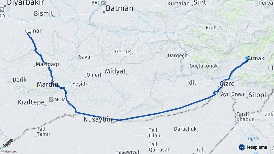 Şırnak Çınar Diyarbakır Arası Kaç Km - Yol Haritası