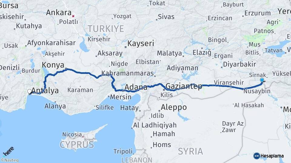 Şırnak Cizre Antalya Arası Kaç Km - Yol Haritası