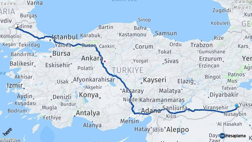 Şırnak Cizre Edirne Arası Kaç Km - Yol Haritası