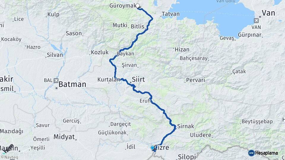 Şırnak Cizre Güroymak Bitlis Arası Kaç Km - Yol Haritası